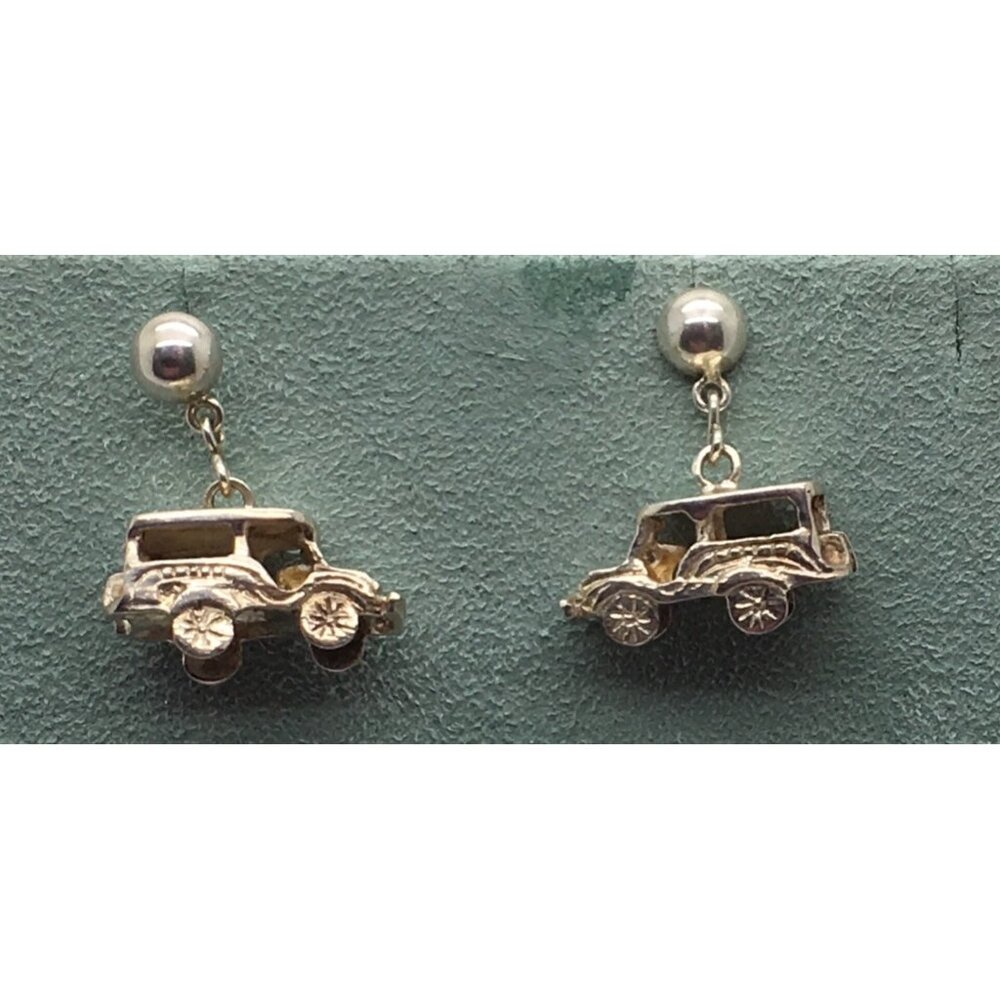 Sterling Silver Charm  Earrings Car Automobile  Pierced Dangling 3 D Detailed
